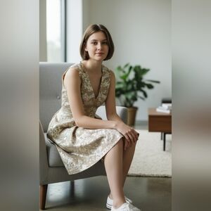 Elegant Gold and Cream Sleeveless Dress